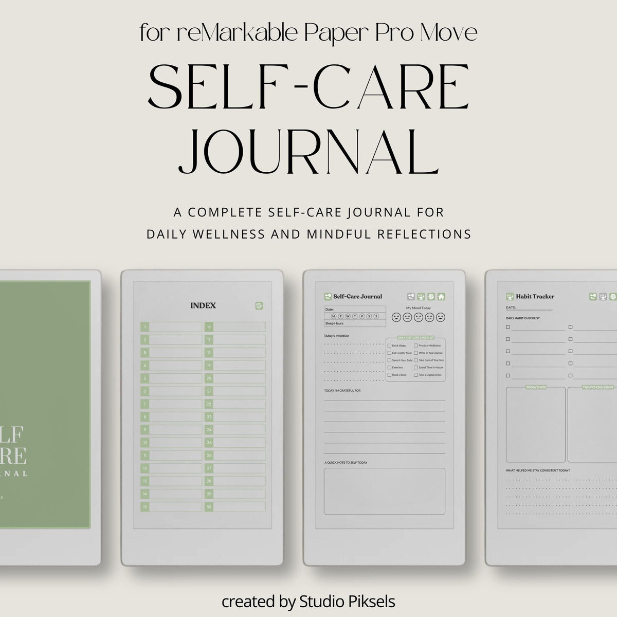30-Day Self-Care Journal for reMarkable Paper Pro featuring daily self-care journal pages, habit trackers, brain dumps, and six bonus bingo cards