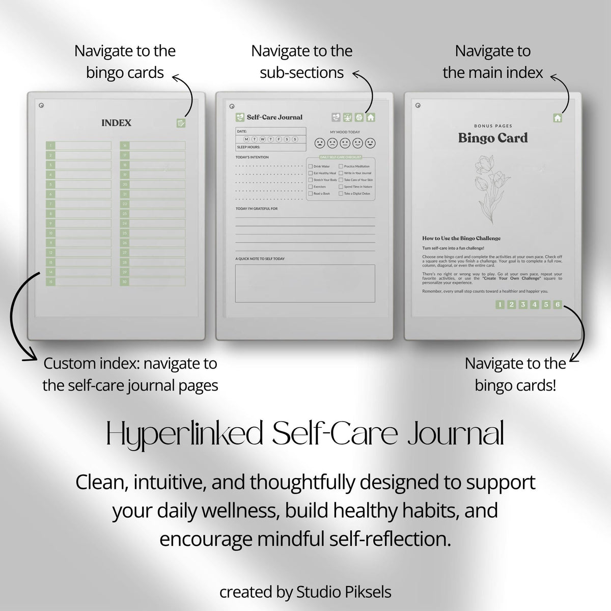 30-Day Self-Care Journal for reMarkable Paper Pro featuring daily self-care journal pages, habit trackers, brain dumps, and six bonus bingo cards