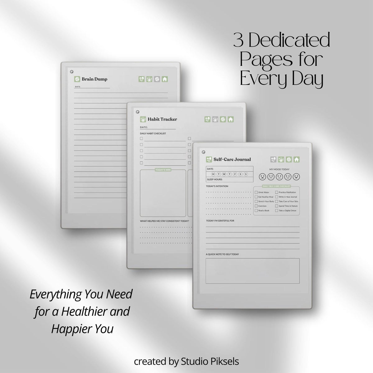 30-Day Self-Care Journal for reMarkable Paper Pro featuring daily self-care journal pages, habit trackers, brain dumps, and six bonus bingo cards