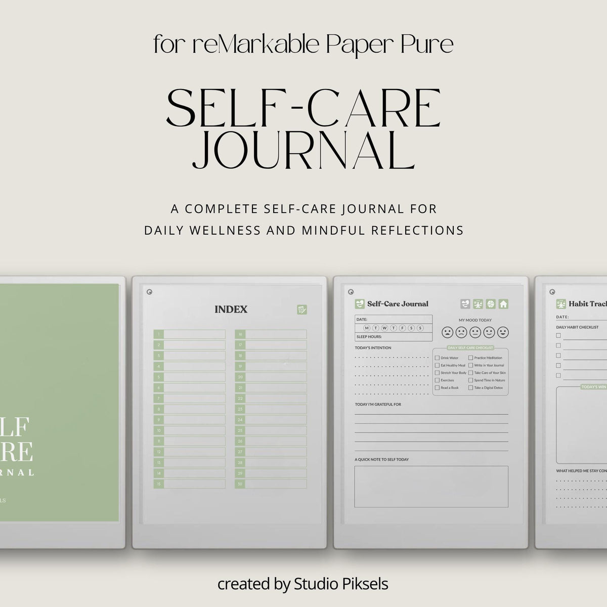 30-Day Self-Care Journal for reMarkable Paper Pro featuring daily self-care journal pages, habit trackers, brain dumps, and six bonus bingo cards