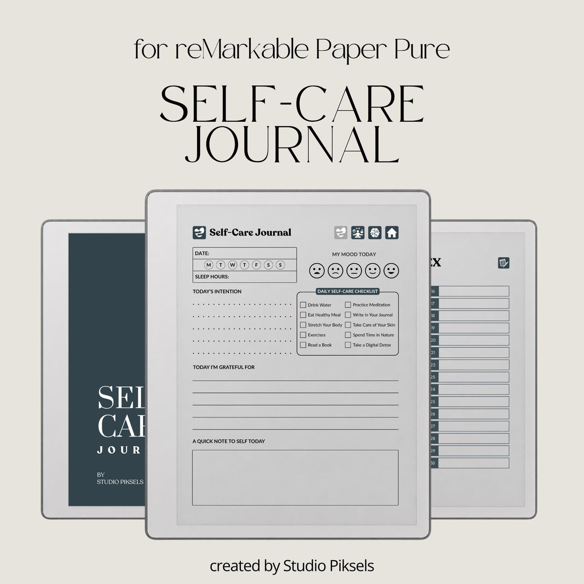 30-Day Self-Care Journal for reMarkable 2 and Paper Pure featuring 30 daily self-care sections, habit trackers, brain dumps, six self-care bingo cards, and a gray monochrome hyperlinked PDF layout.