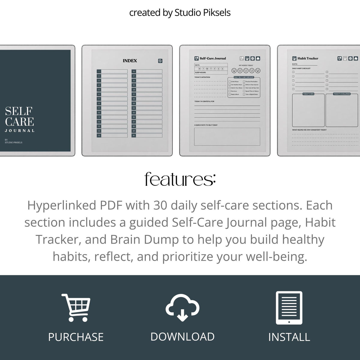 30-Day Self-Care Journal for reMarkable 2 and Paper Pure featuring 30 daily self-care sections, habit trackers, brain dumps, six self-care bingo cards, and a gray monochrome hyperlinked PDF layout.