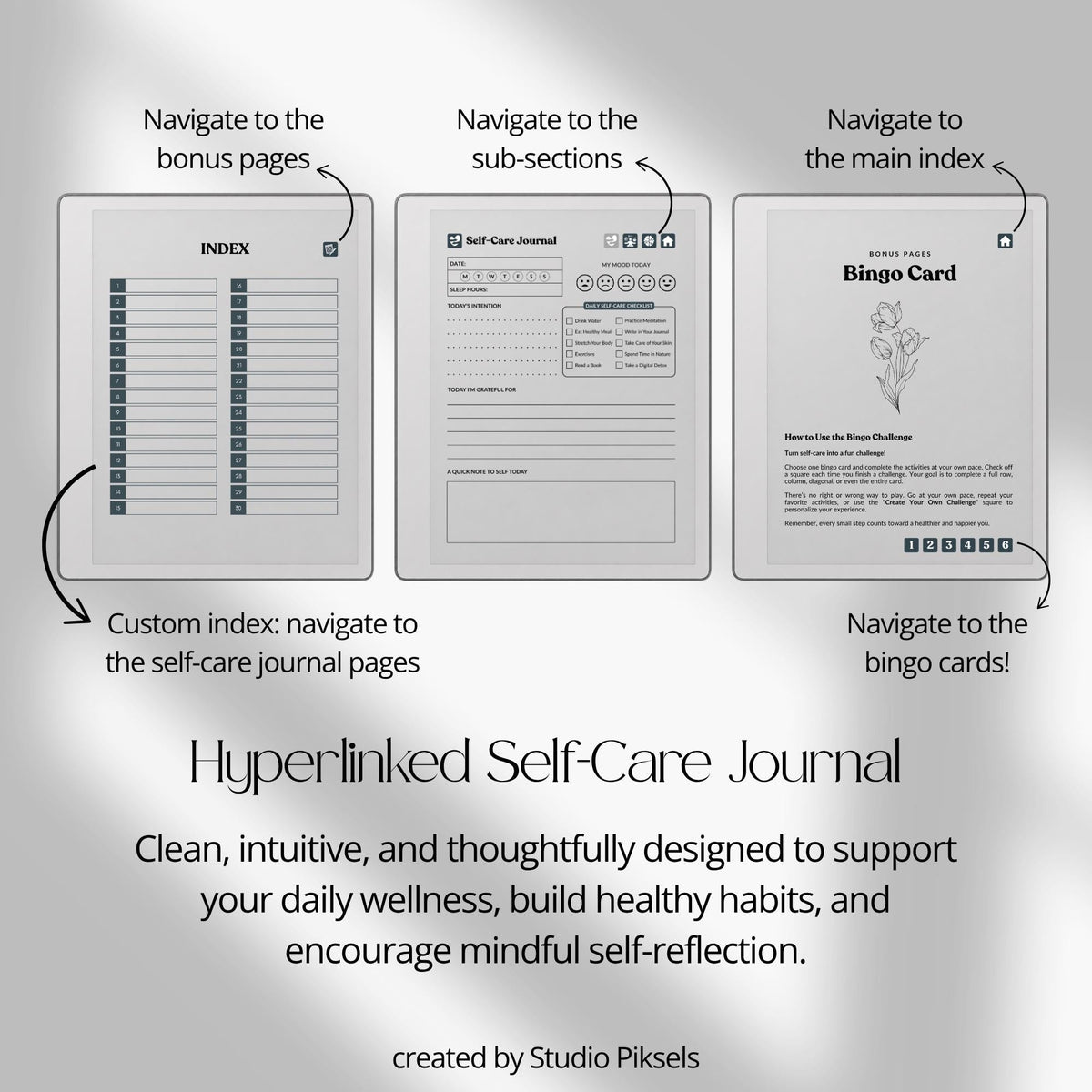 30-Day Self-Care Journal for reMarkable 2 and Paper Pure featuring 30 daily self-care sections, habit trackers, brain dumps, six self-care bingo cards, and a gray monochrome hyperlinked PDF layout.