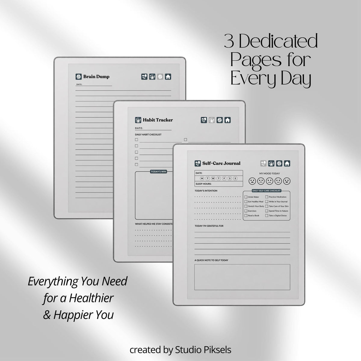 30-Day Self-Care Journal for reMarkable 2 and Paper Pure featuring 30 daily self-care sections, habit trackers, brain dumps, six self-care bingo cards, and a gray monochrome hyperlinked PDF layout.
