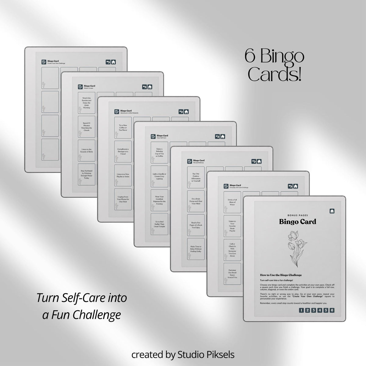 30-Day Self-Care Journal for reMarkable 2 and Paper Pure featuring 30 daily self-care sections, habit trackers, brain dumps, six self-care bingo cards, and a gray monochrome hyperlinked PDF layout.