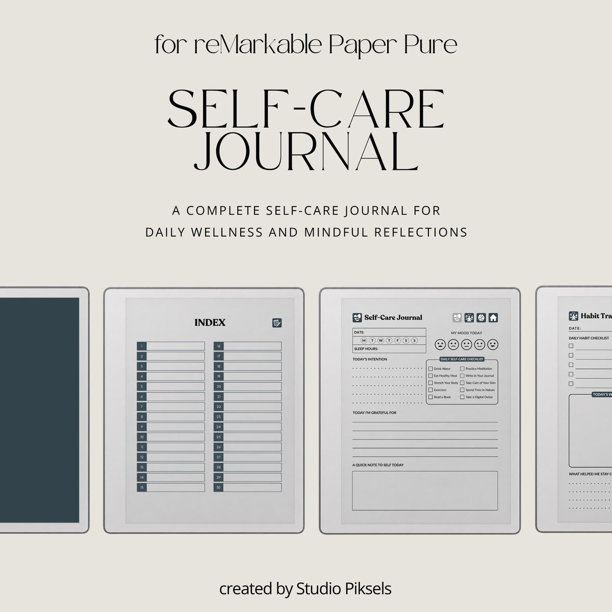 30-Day Self-Care Journal for reMarkable 2 and Paper Pure featuring 30 daily self-care sections, habit trackers, brain dumps, six self-care bingo cards, and a gray monochrome hyperlinked PDF layout.