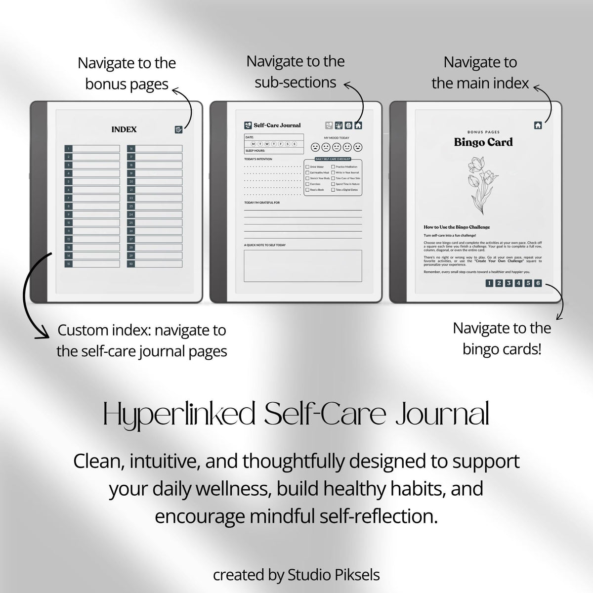 30-Day Self-Care Journal for Kindle Scribe featuring 30 daily self-care sections, habit trackers, brain dumps, six self-care bingo cards, and a grayscale monochrome hyperlinked PDF layout.
