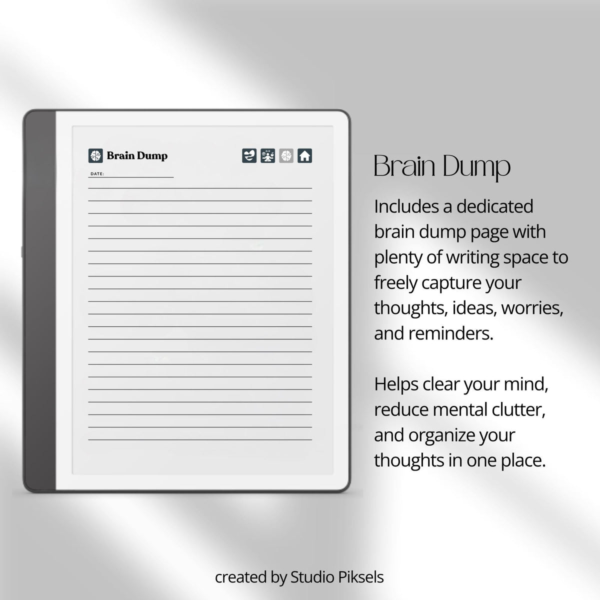 30-Day Self-Care Journal for Kindle Scribe featuring 30 daily self-care sections, habit trackers, brain dumps, six self-care bingo cards, and a grayscale monochrome hyperlinked PDF layout.