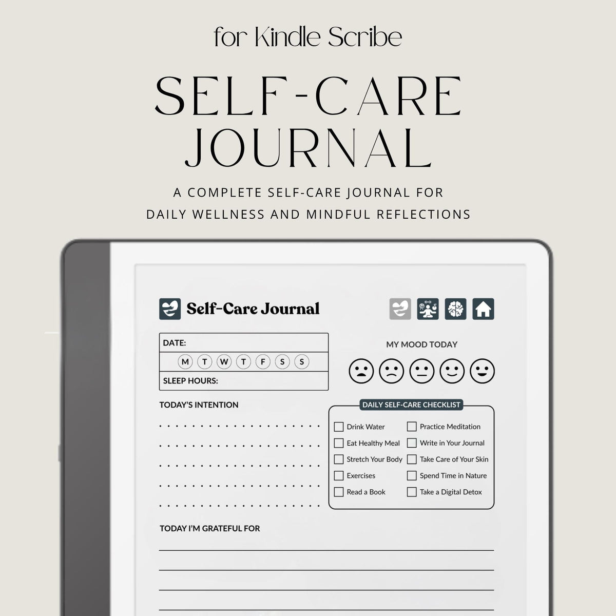 30-Day Self-Care Journal for Kindle Scribe featuring 30 daily self-care sections, habit trackers, brain dumps, six self-care bingo cards, and a grayscale monochrome hyperlinked PDF layout.