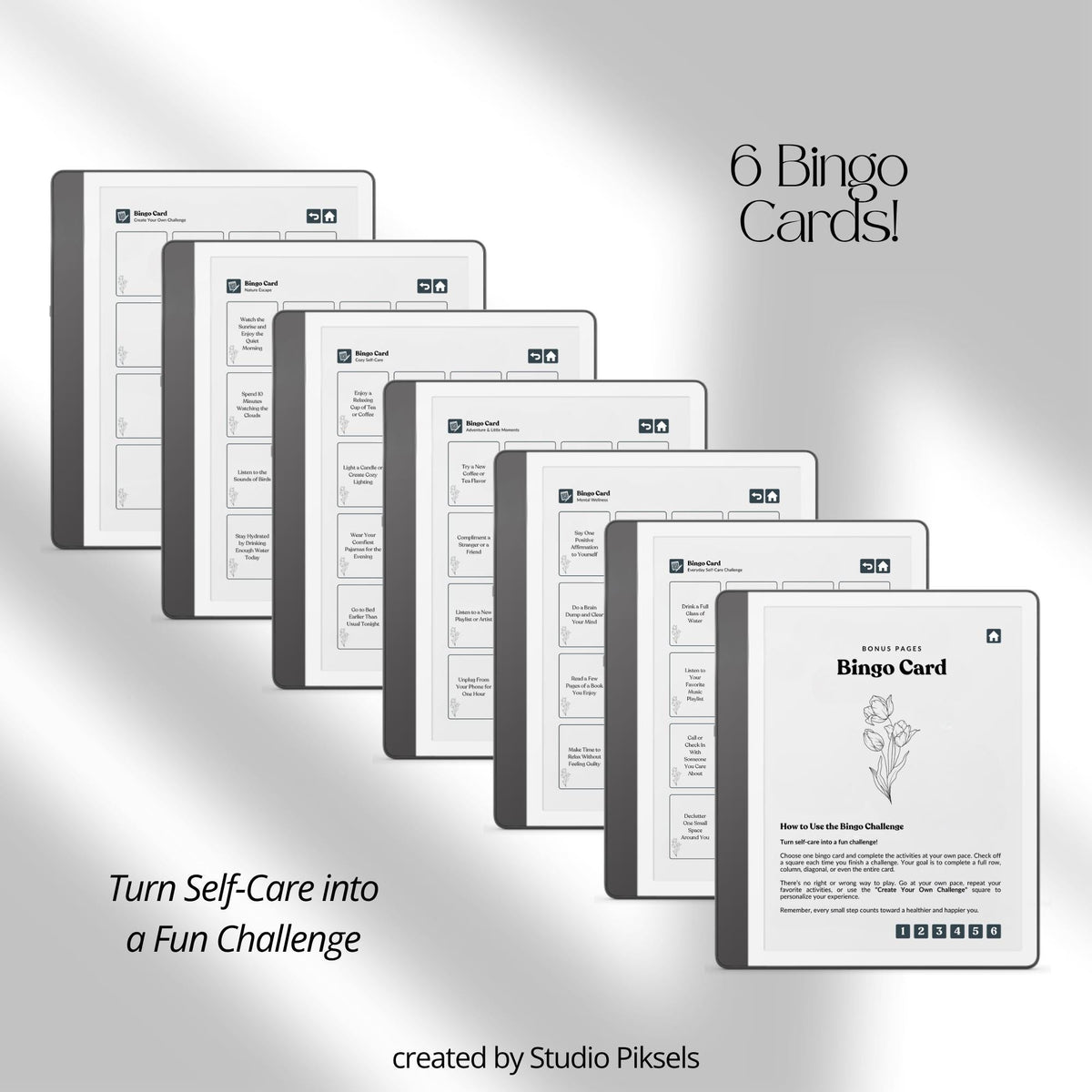 30-Day Self-Care Journal for Kindle Scribe featuring 30 daily self-care sections, habit trackers, brain dumps, six self-care bingo cards, and a grayscale monochrome hyperlinked PDF layout.