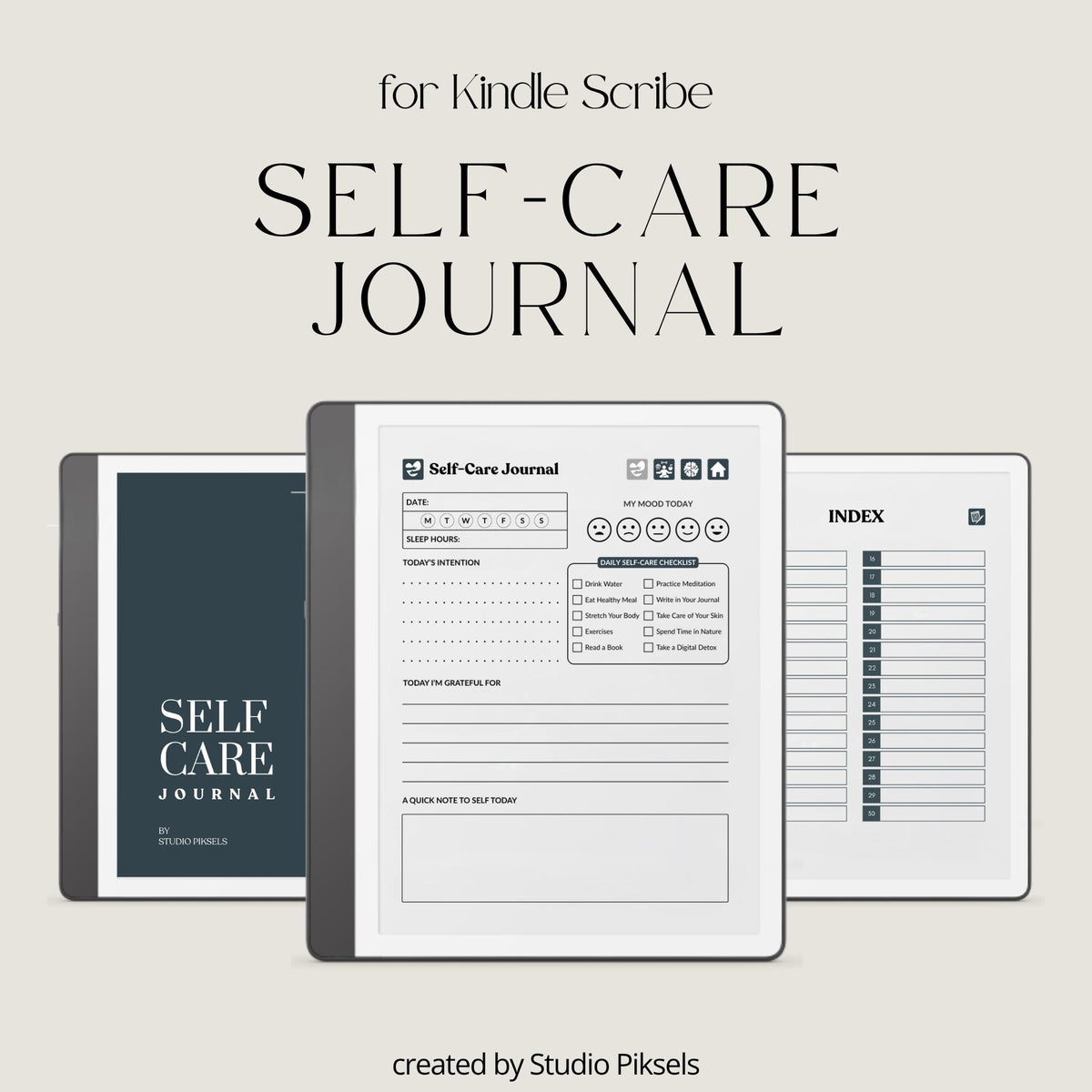 30-Day Self-Care Journal for Kindle Scribe featuring 30 daily self-care sections, habit trackers, brain dumps, six self-care bingo cards, and a grayscale monochrome hyperlinked PDF layout.