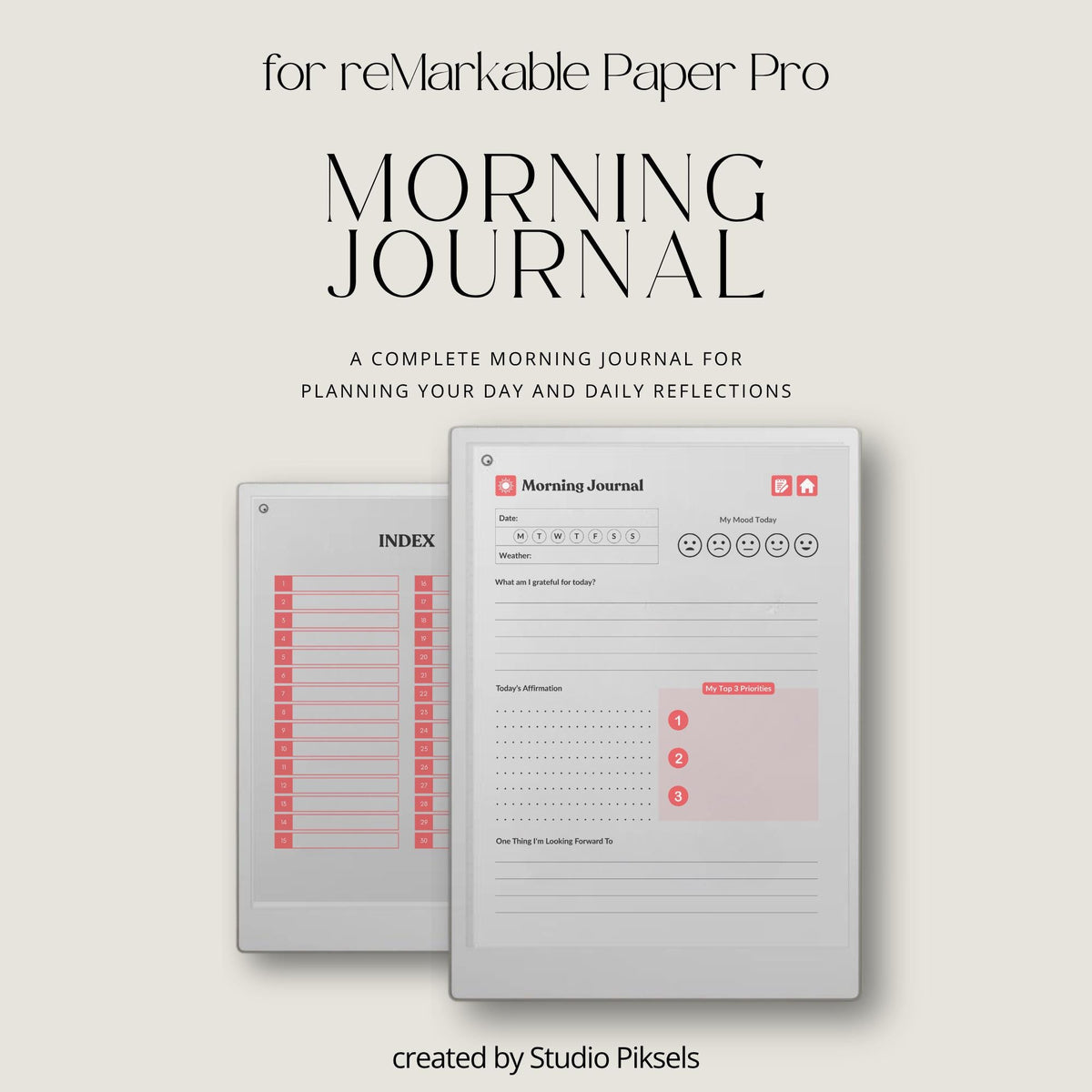 30-Day Morning Journal for reMarkable Paper Pro featuring 30 daily morning journal pages, to-do list, lined notes, blank notes, and hyperlinked navigation.