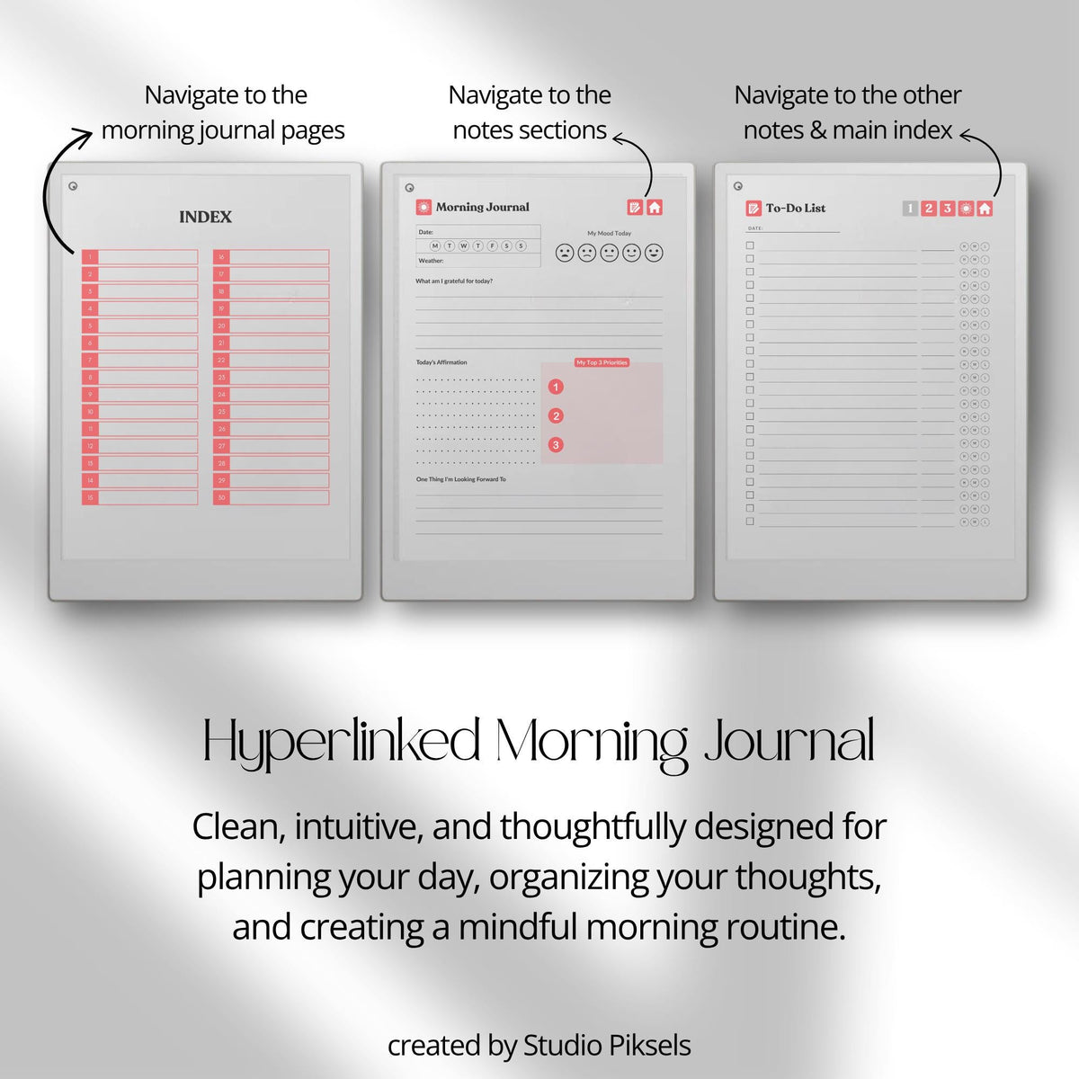 30-Day Morning Journal for reMarkable Paper Pro featuring 30 daily morning journal pages, to-do list, lined notes, blank notes, and hyperlinked navigation.