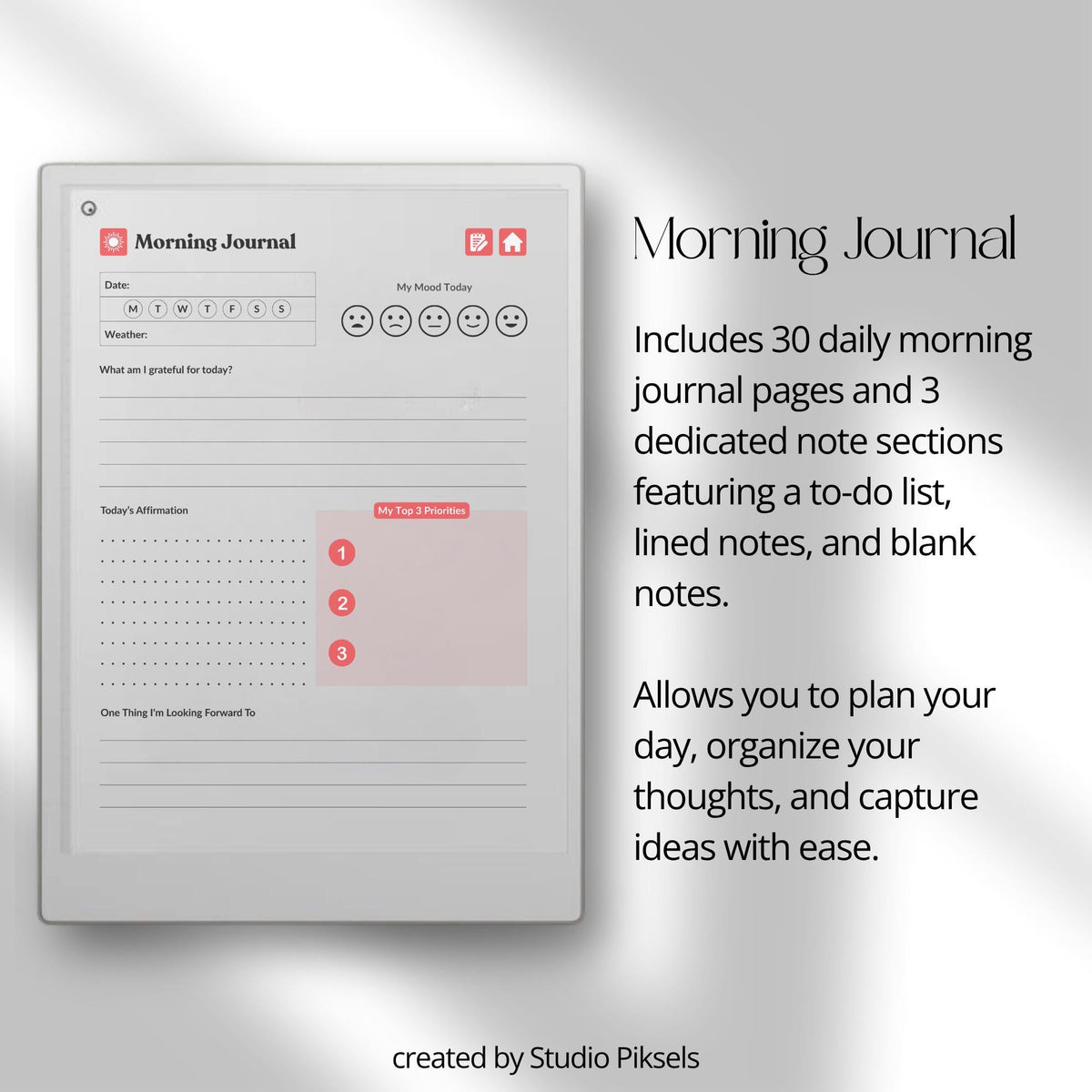 30-Day Morning Journal for reMarkable Paper Pro featuring 30 daily morning journal pages, to-do list, lined notes, blank notes, and hyperlinked navigation.