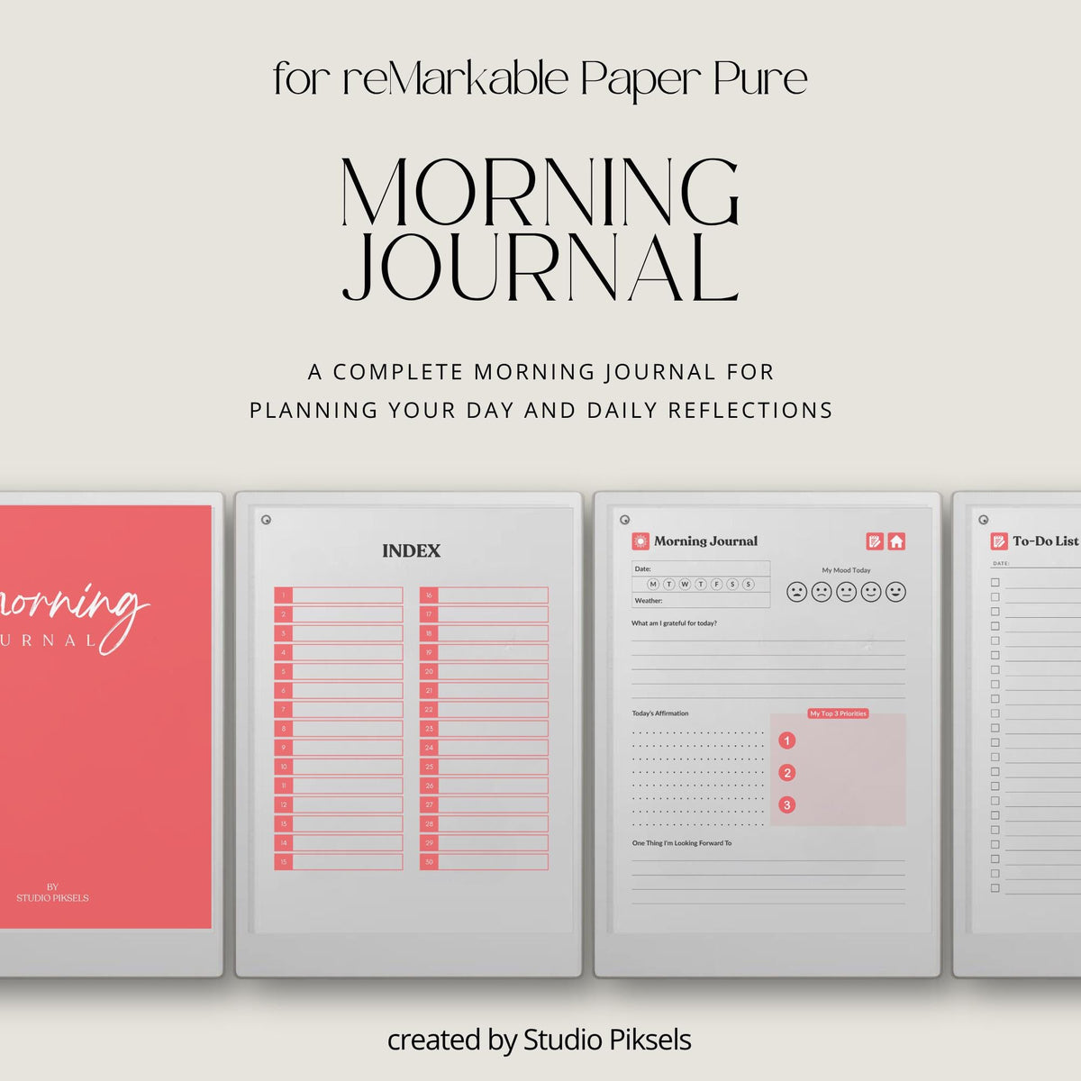 30-Day Morning Journal for reMarkable Paper Pro featuring 30 daily morning journal pages, to-do list, lined notes, blank notes, and hyperlinked navigation.