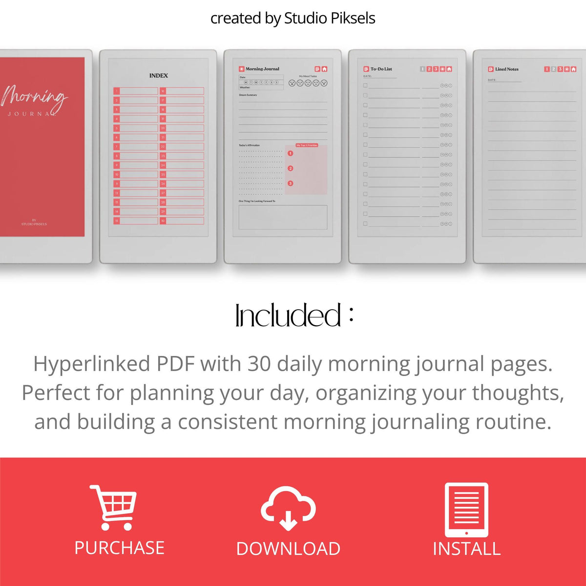 30-Day Morning Journal for reMarkable Paper Pro featuring 30 daily morning journal pages, to-do list, lined notes, blank notes, and hyperlinked navigation.
