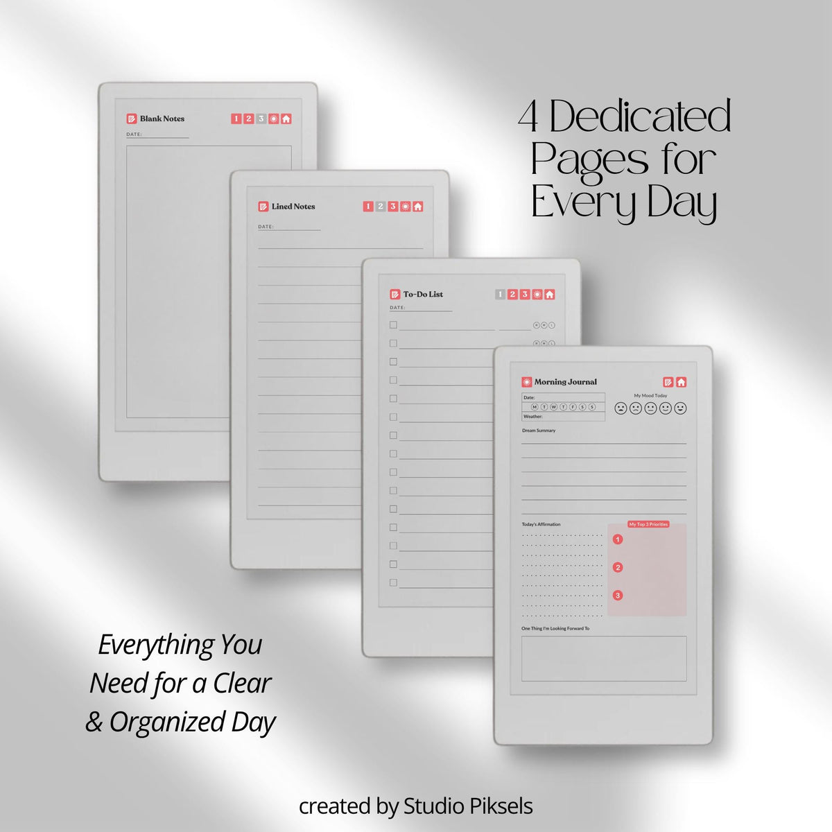 30-Day Morning Journal for reMarkable Paper Pro featuring 30 daily morning journal pages, to-do list, lined notes, blank notes, and hyperlinked navigation.