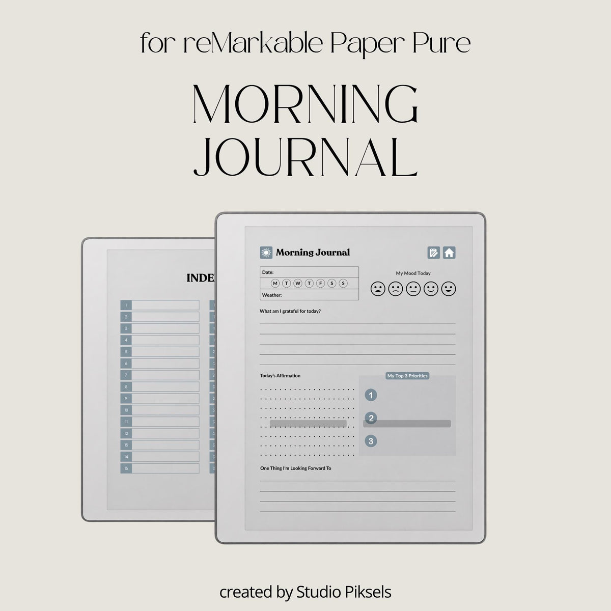 30-Day Morning Journal for reMarkable Paper Pure featuring 30 daily morning journal pages, to-do list, lined notes, blank notes, and gray monochrome hyperlinked navigation.