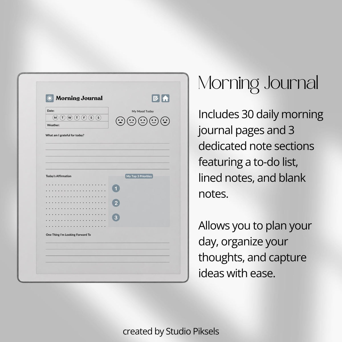 30-Day Morning Journal for reMarkable Paper Pure featuring 30 daily morning journal pages, to-do list, lined notes, blank notes, and gray monochrome hyperlinked navigation.