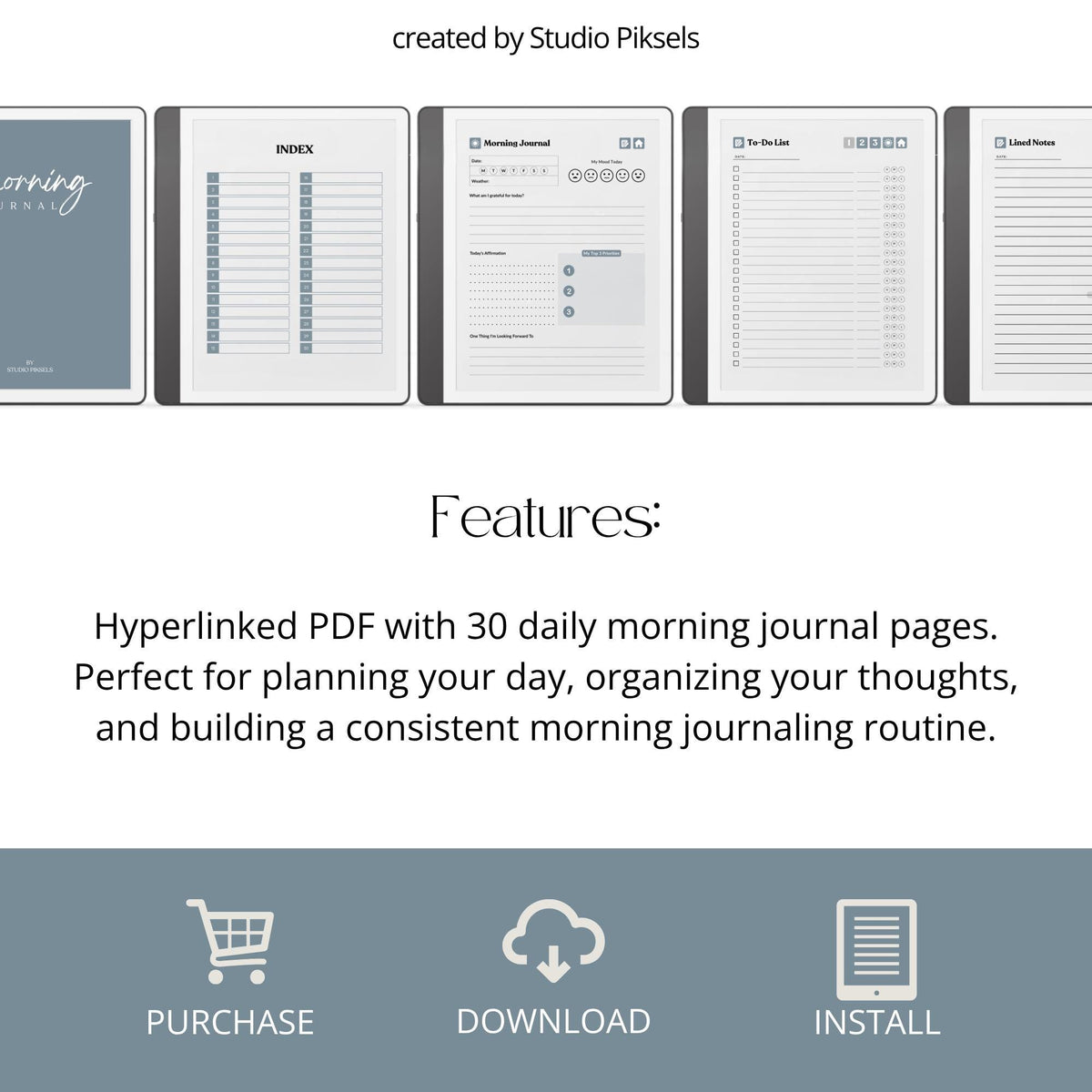 30-Day Morning Journal for Kindle Scribe featuring 30 daily morning journal pages, to-do list, lined notes, blank notes, and gray monochrome hyperlinked navigation.