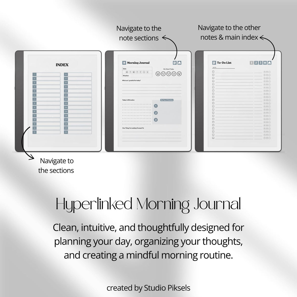 30-Day Morning Journal for Kindle Scribe featuring 30 daily morning journal pages, to-do list, lined notes, blank notes, and gray monochrome hyperlinked navigation.