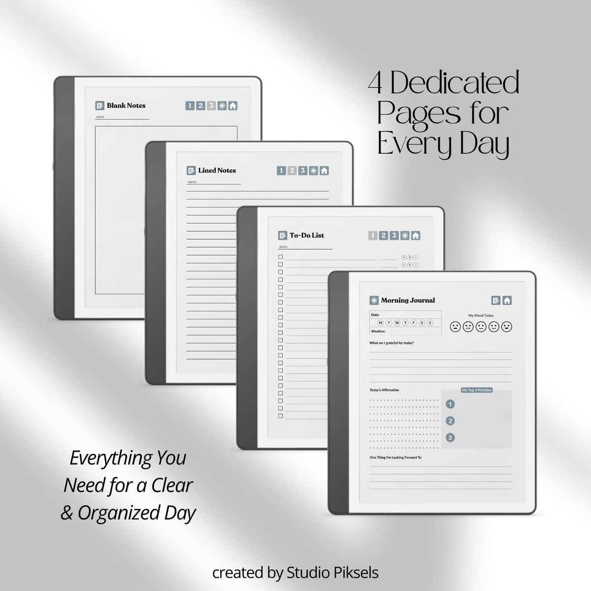 30-Day Morning Journal for Kindle Scribe featuring 30 daily morning journal pages, to-do list, lined notes, blank notes, and gray monochrome hyperlinked navigation.