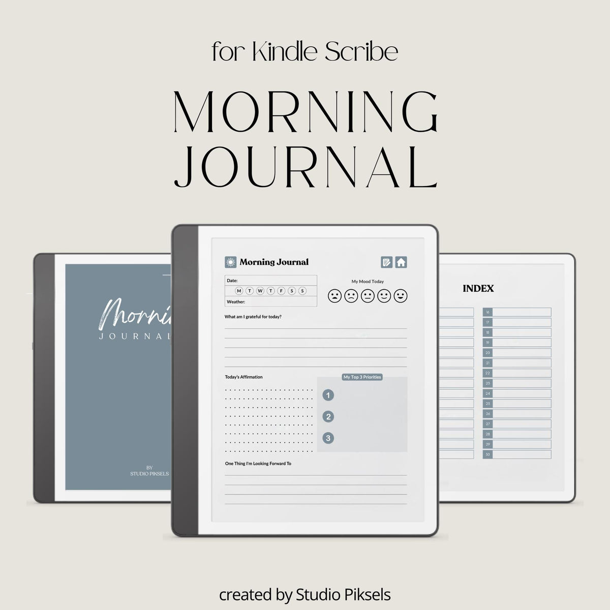 30-Day Morning Journal for Kindle Scribe featuring 30 daily morning journal pages, to-do list, lined notes, blank notes, and gray monochrome hyperlinked navigation.