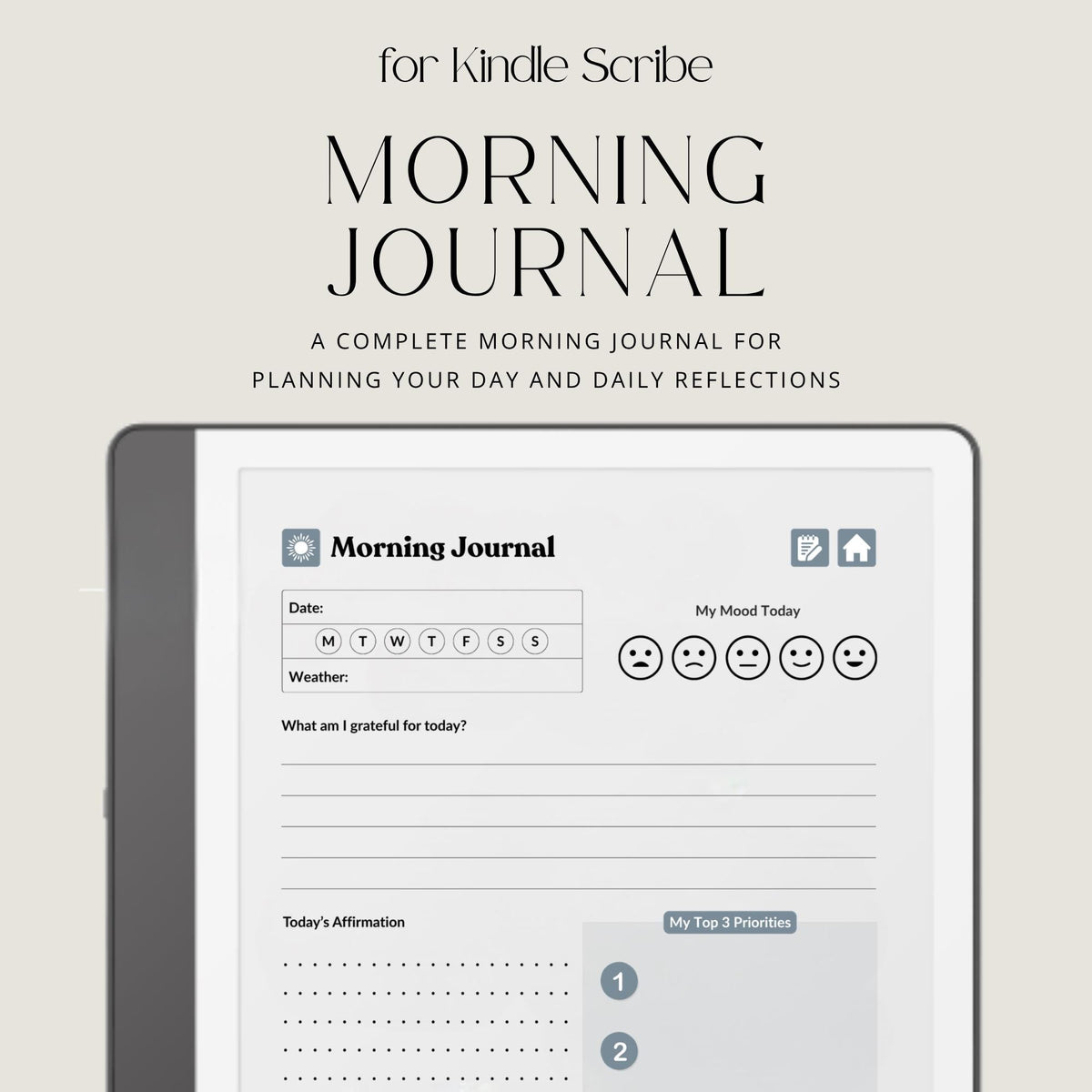 30-Day Morning Journal for Kindle Scribe featuring 30 daily morning journal pages, to-do list, lined notes, blank notes, and gray monochrome hyperlinked navigation.