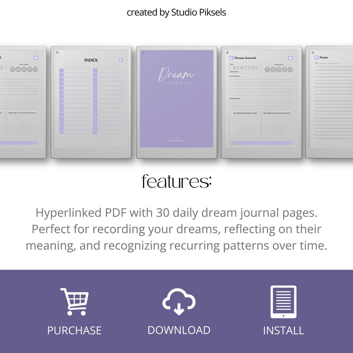 30-Day Dream Journal for reMarkable Paper Pro featuring 30 daily dream journal pages, dream reflection, recurring symbol tracking, and a hyperlinked PDF layout.
