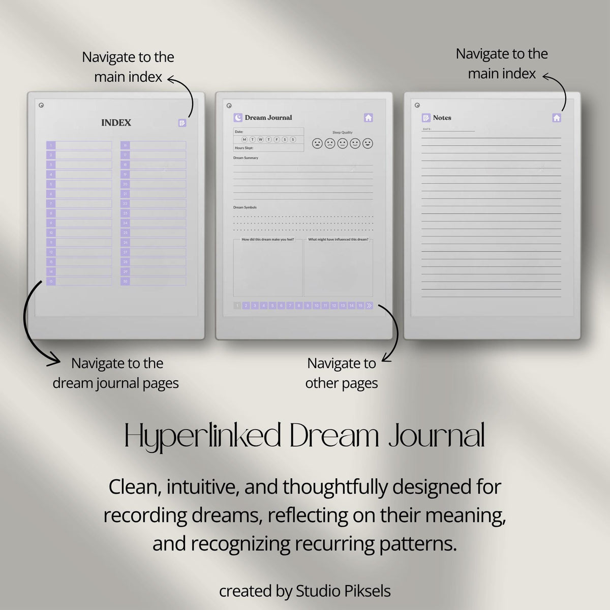 30-Day Dream Journal for reMarkable Paper Pro featuring 30 daily dream journal pages, dream reflection, recurring symbol tracking, and a hyperlinked PDF layout.