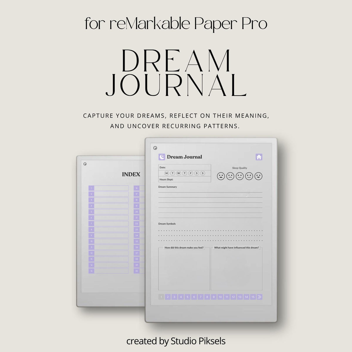 30-Day Dream Journal for reMarkable Paper Pro featuring 30 daily dream journal pages, dream reflection, recurring symbol tracking, and a hyperlinked PDF layout.