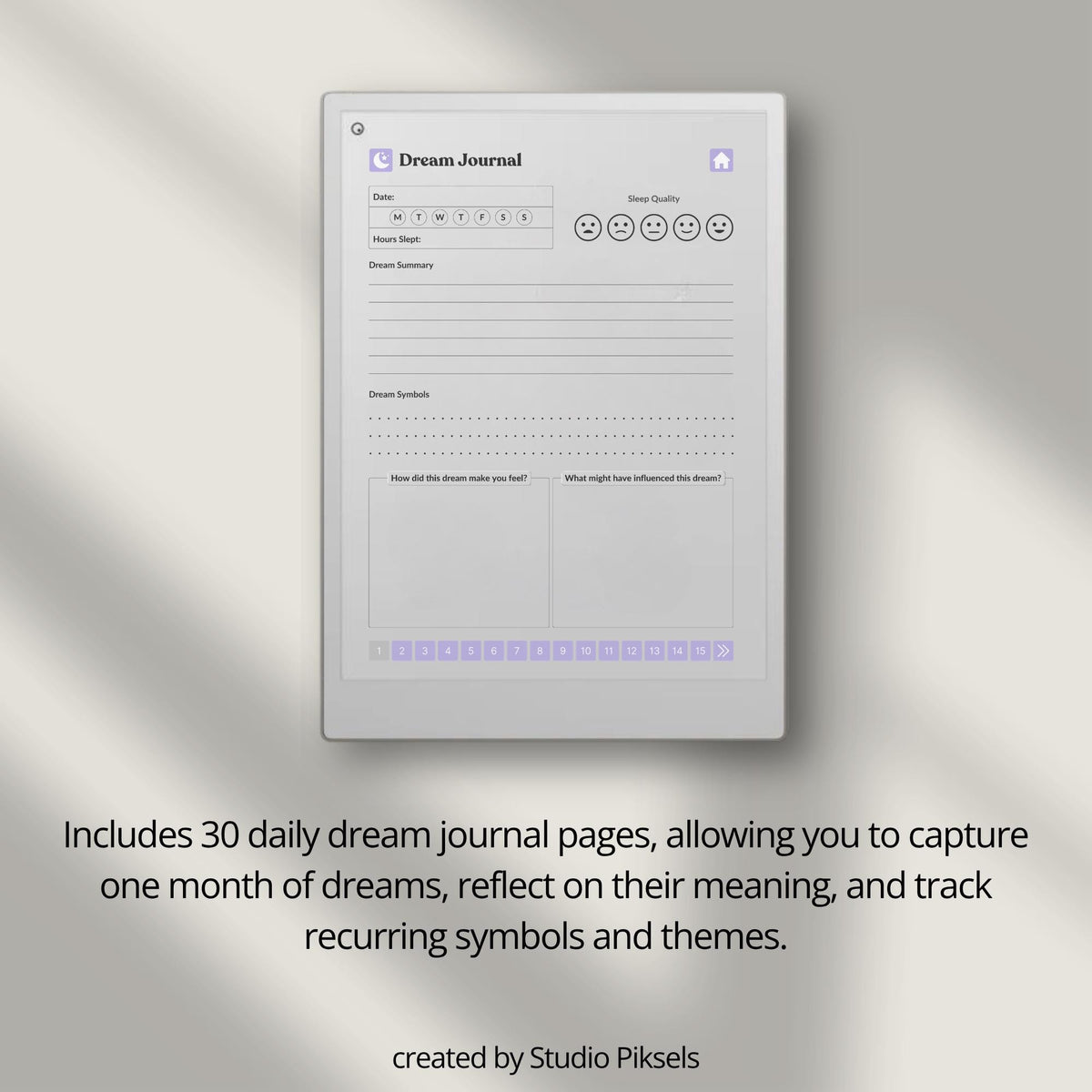 30-Day Dream Journal for reMarkable Paper Pro featuring 30 daily dream journal pages, dream reflection, recurring symbol tracking, and a hyperlinked PDF layout.