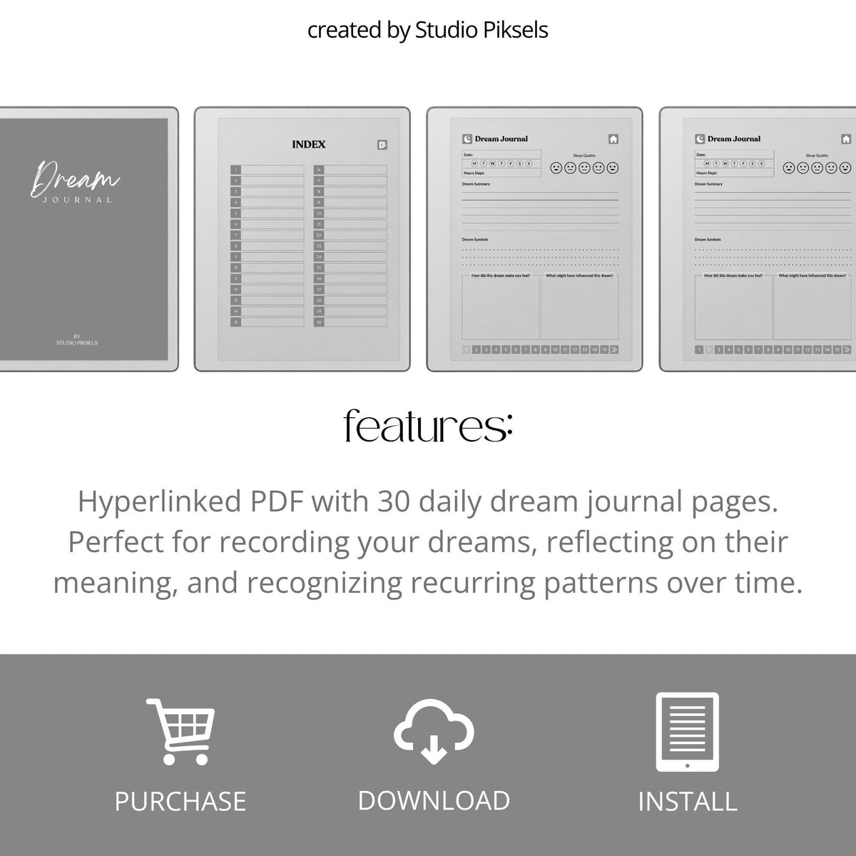 30-Day Dream Journal for reMarkable 2 & Paper Pure featuring 30 daily dream journal pages, dream reflection, recurring symbol tracking, and a hyperlinked PDF layout.