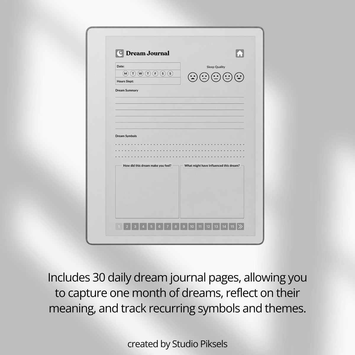 30-Day Dream Journal for reMarkable 2 & Paper Pure featuring 30 daily dream journal pages, dream reflection, recurring symbol tracking, and a hyperlinked PDF layout.