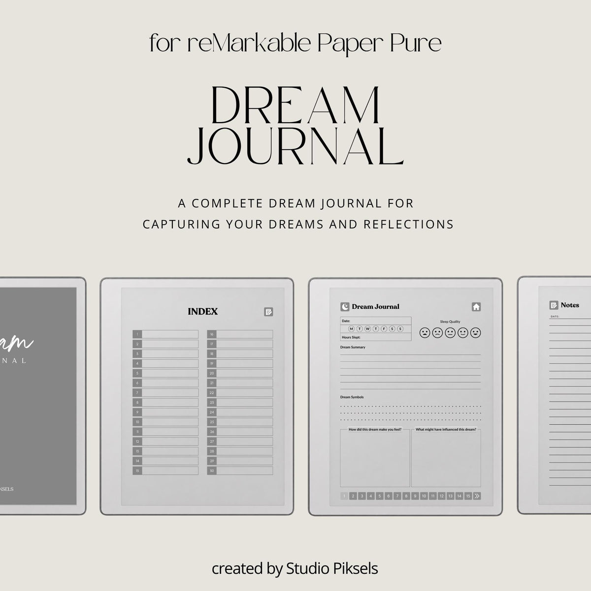 30-Day Dream Journal for reMarkable 2 & Paper Pure featuring 30 daily dream journal pages, dream reflection, recurring symbol tracking, and a hyperlinked PDF layout.