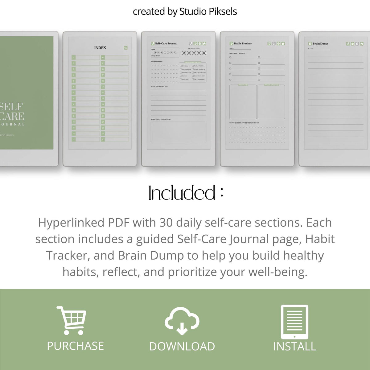 30-Day Self-Care Journal for reMarkable Paper Pro featuring daily self-care journal pages, habit trackers, brain dumps, and six bonus bingo cards