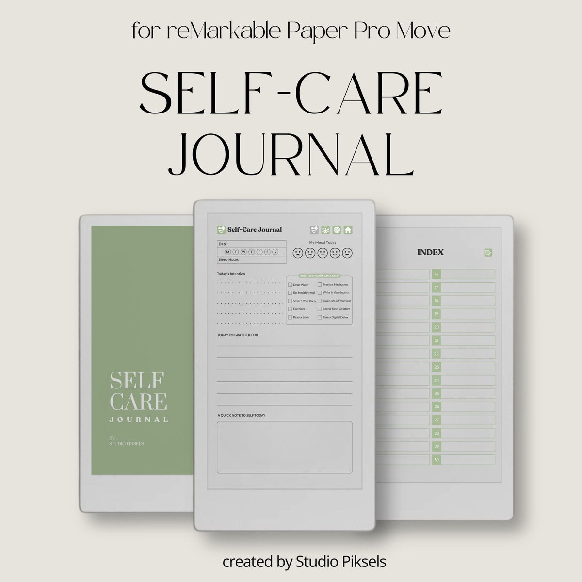 30-Day Self-Care Journal for reMarkable Paper Pro featuring daily self-care journal pages, habit trackers, brain dumps, and six bonus bingo cards