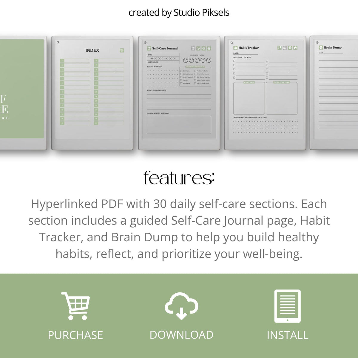 30-Day Self-Care Journal for reMarkable Paper Pro featuring daily self-care journal pages, habit trackers, brain dumps, and six bonus bingo cards