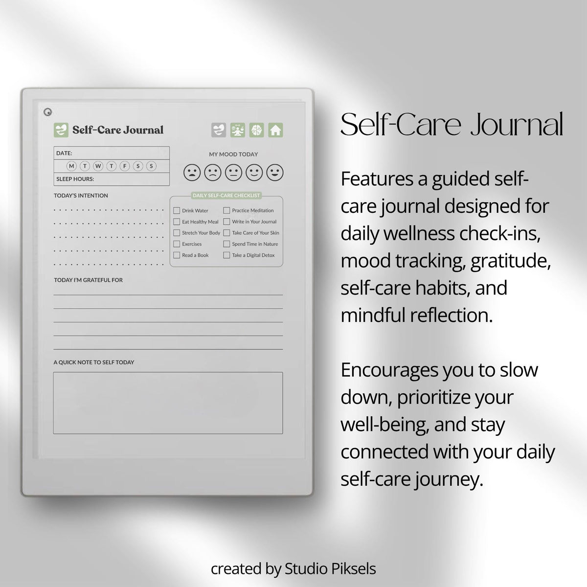 30-Day Self-Care Journal for reMarkable Paper Pro featuring daily self-care journal pages, habit trackers, brain dumps, and six bonus bingo cards