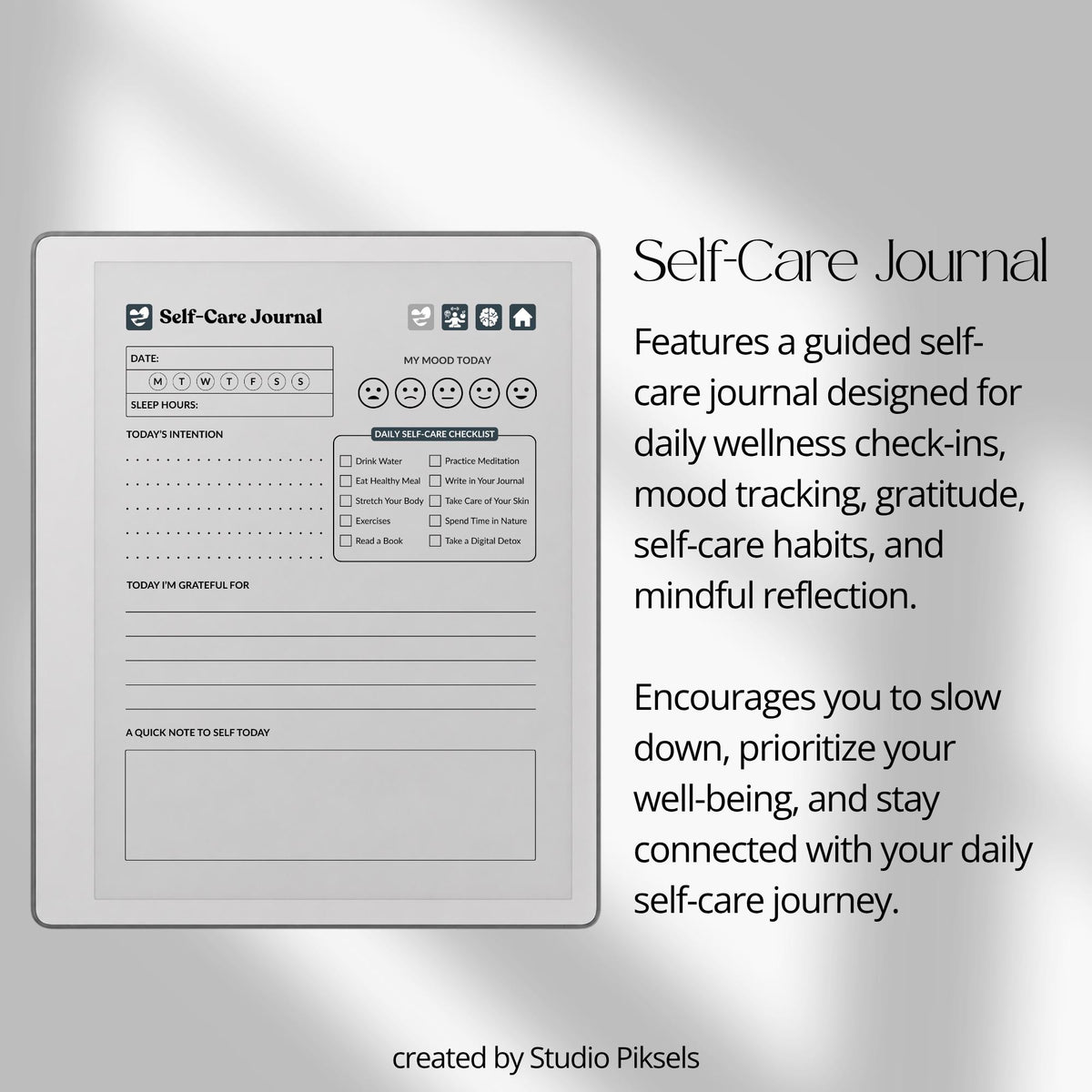 30-Day Self-Care Journal for reMarkable 2 and Paper Pure featuring 30 daily self-care sections, habit trackers, brain dumps, six self-care bingo cards, and a gray monochrome hyperlinked PDF layout.