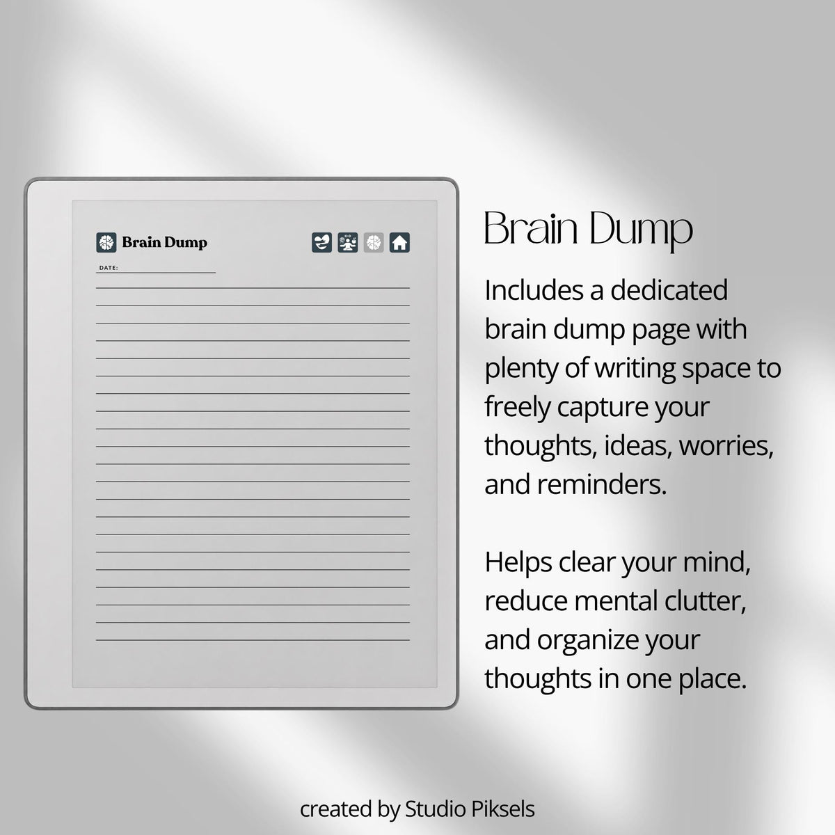 30-Day Self-Care Journal for reMarkable 2 and Paper Pure featuring 30 daily self-care sections, habit trackers, brain dumps, six self-care bingo cards, and a gray monochrome hyperlinked PDF layout.