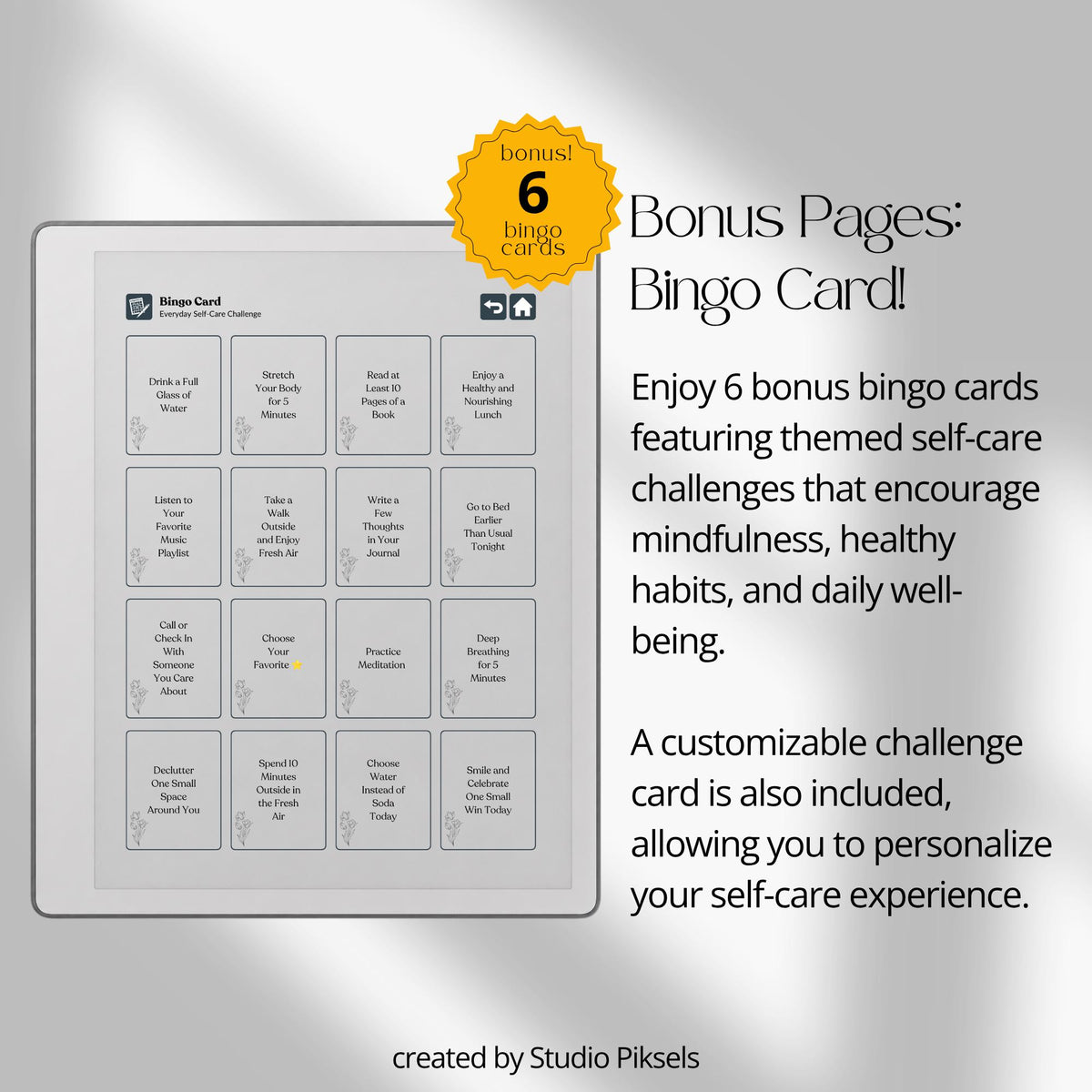 30-Day Self-Care Journal for reMarkable 2 and Paper Pure featuring 30 daily self-care sections, habit trackers, brain dumps, six self-care bingo cards, and a gray monochrome hyperlinked PDF layout.