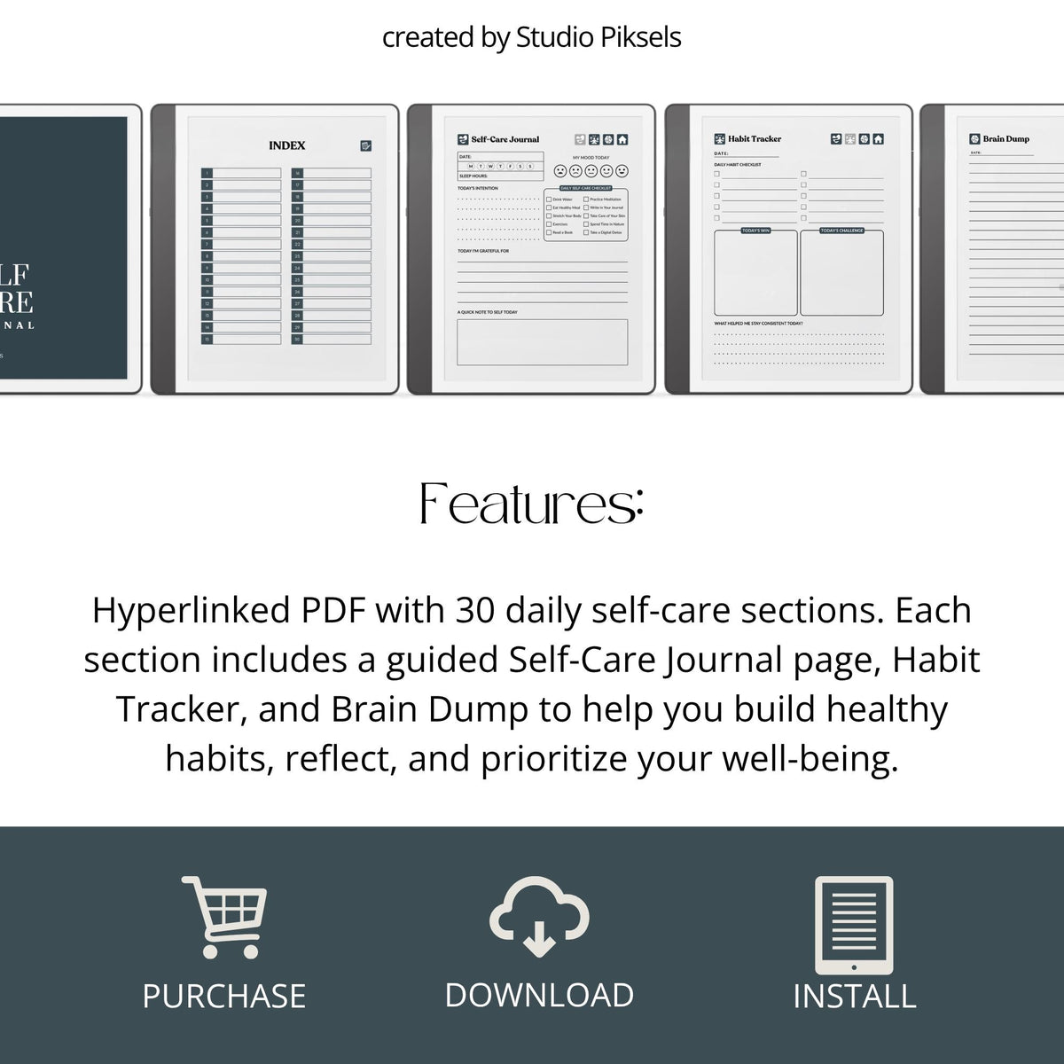 30-Day Self-Care Journal for Kindle Scribe featuring 30 daily self-care sections, habit trackers, brain dumps, six self-care bingo cards, and a grayscale monochrome hyperlinked PDF layout.