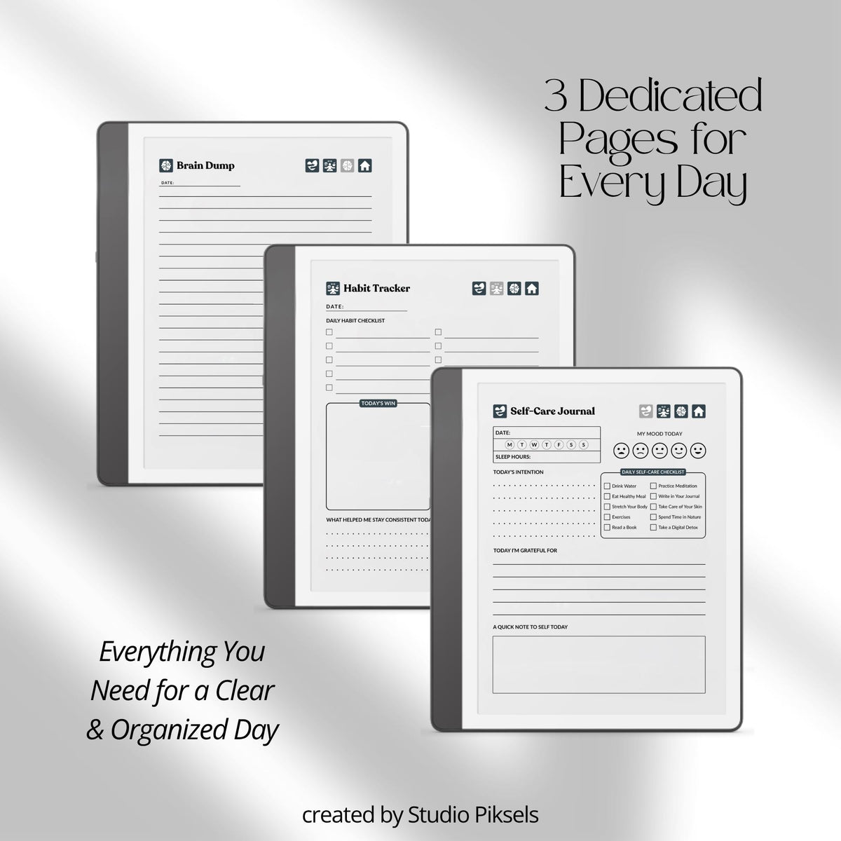 30-Day Self-Care Journal for Kindle Scribe featuring 30 daily self-care sections, habit trackers, brain dumps, six self-care bingo cards, and a grayscale monochrome hyperlinked PDF layout.