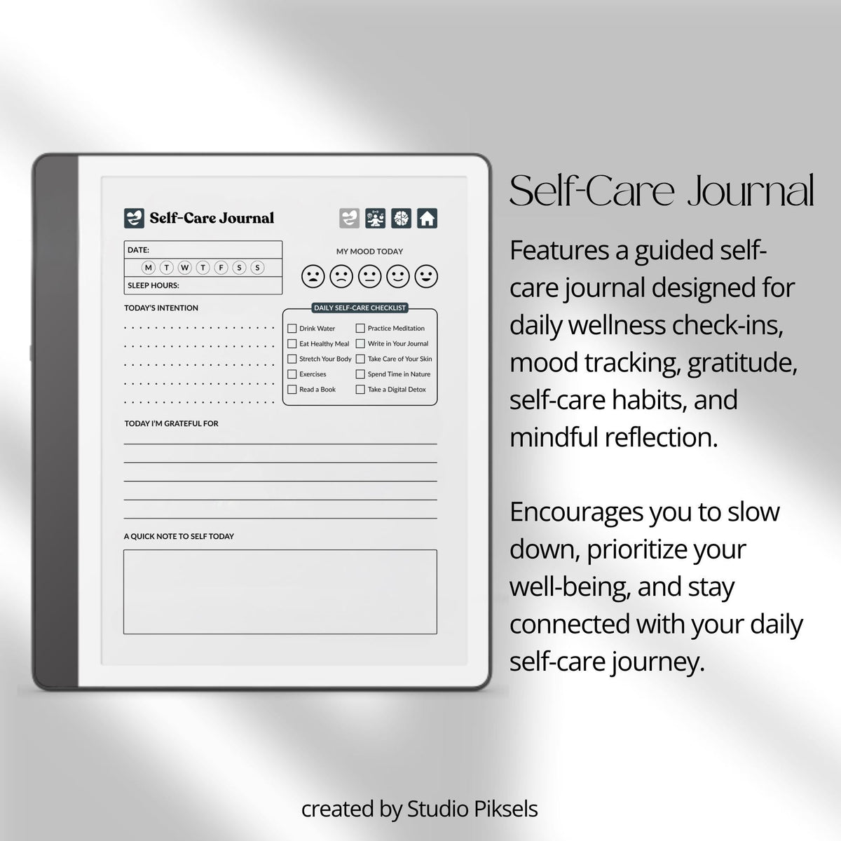 30-Day Self-Care Journal for Kindle Scribe featuring 30 daily self-care sections, habit trackers, brain dumps, six self-care bingo cards, and a grayscale monochrome hyperlinked PDF layout.