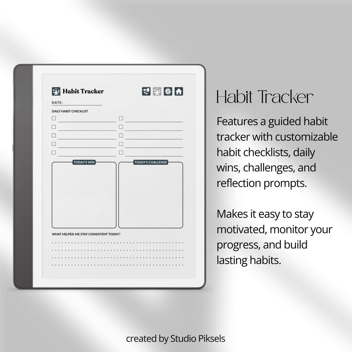 30-Day Self-Care Journal for Kindle Scribe featuring 30 daily self-care sections, habit trackers, brain dumps, six self-care bingo cards, and a grayscale monochrome hyperlinked PDF layout.