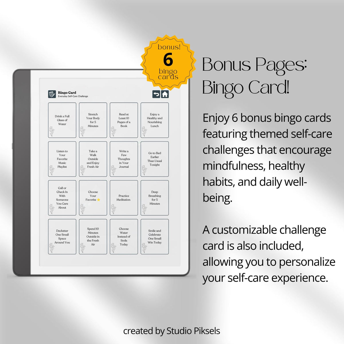 30-Day Self-Care Journal for Kindle Scribe featuring 30 daily self-care sections, habit trackers, brain dumps, six self-care bingo cards, and a grayscale monochrome hyperlinked PDF layout.