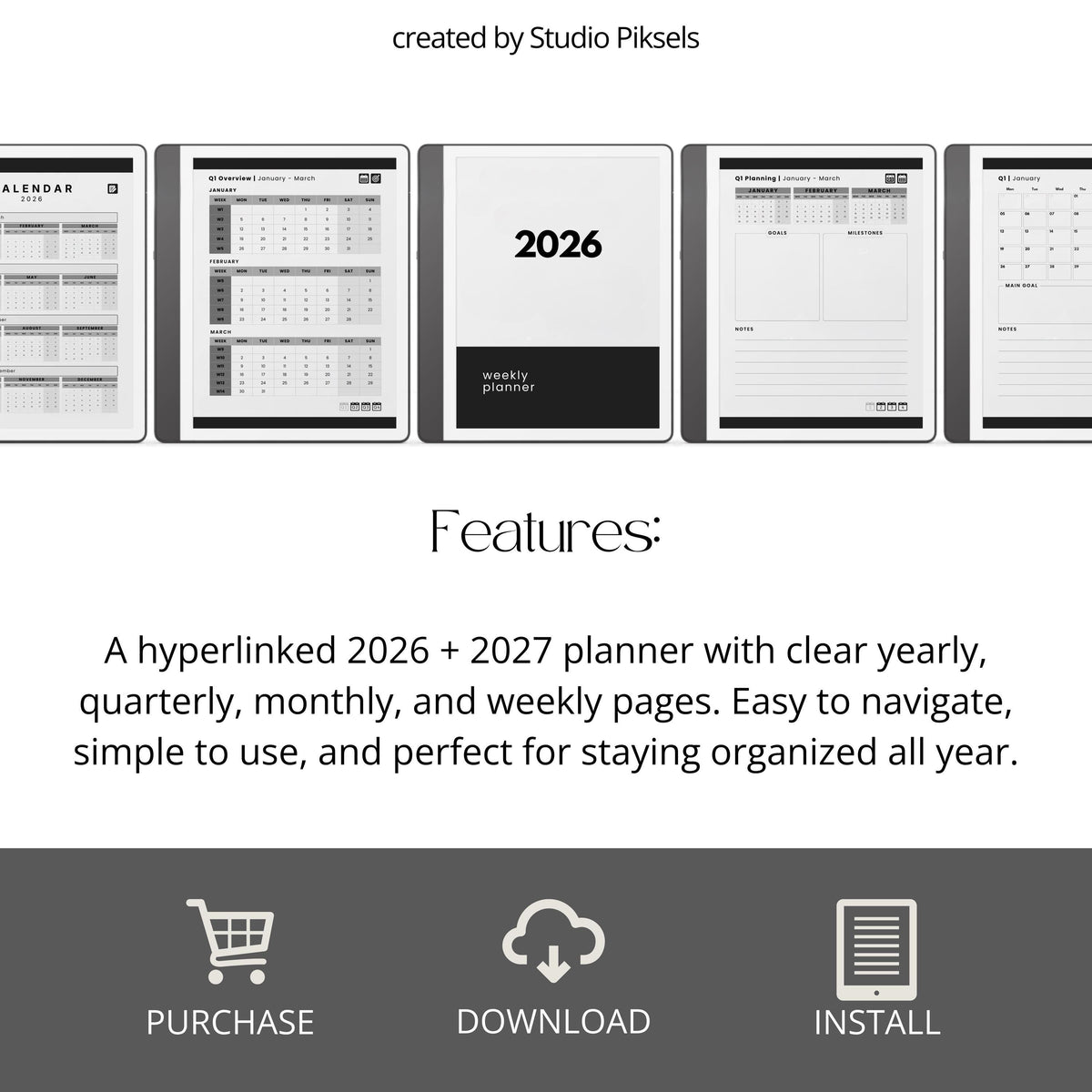2026 Hyperlinked Planner for Kindle Scribe with quarterly overviews, monthly calendars, weekly planning layouts, and linked navigation.
