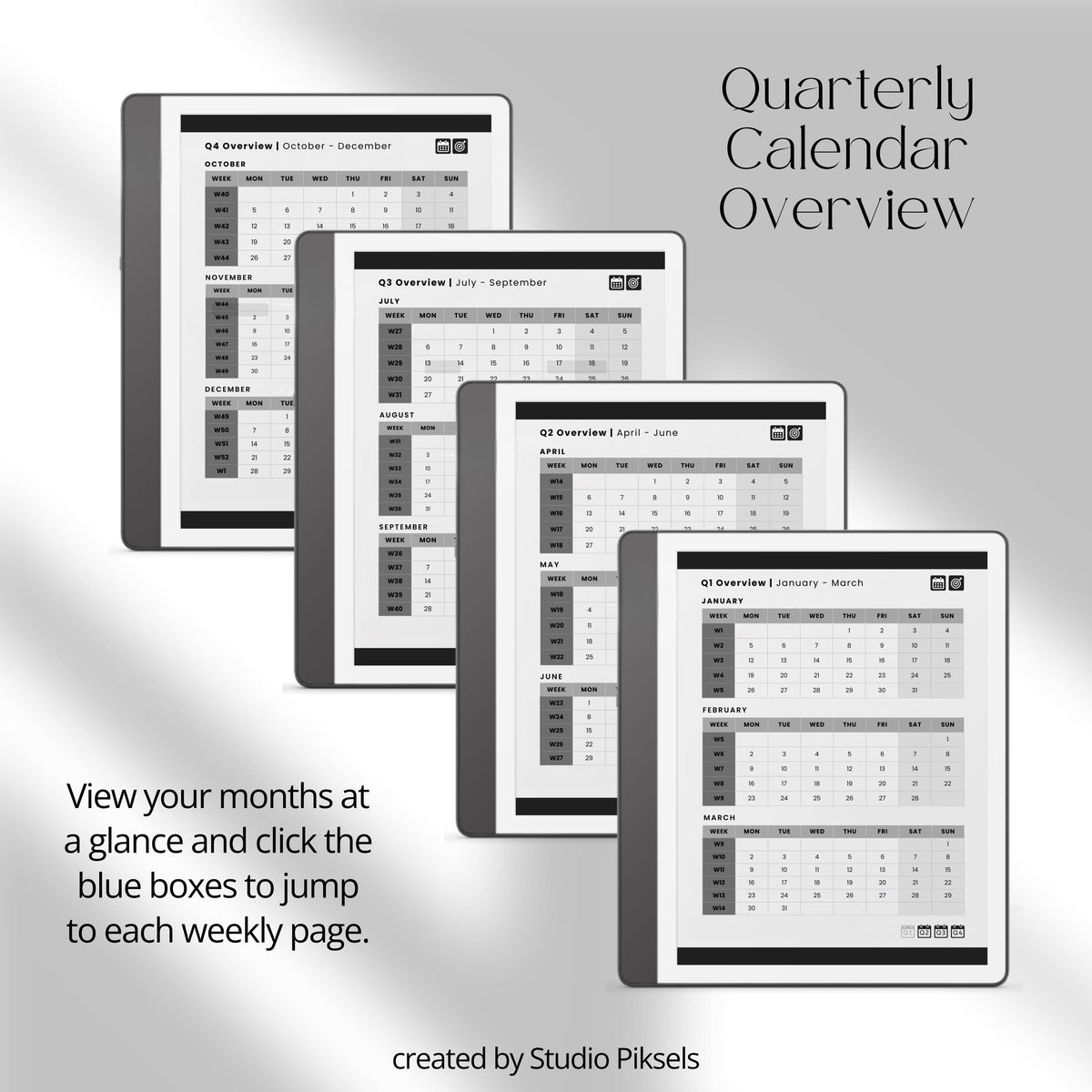 2026 Hyperlinked Planner for Kindle Scribe with quarterly overviews, monthly calendars, weekly planning layouts, and linked navigation.