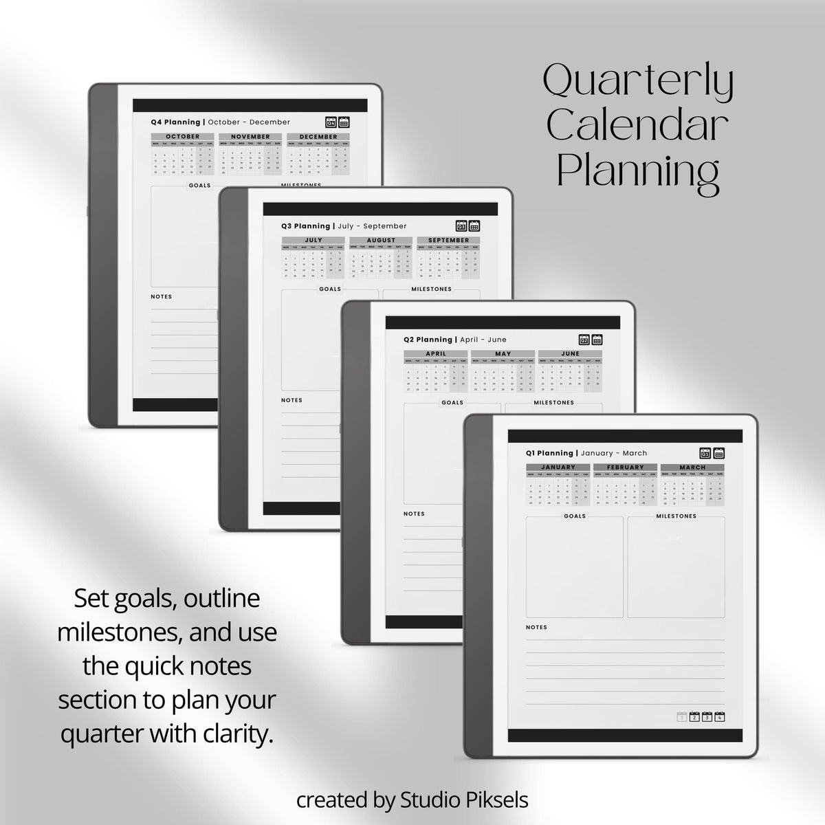 2026 Hyperlinked Planner for Kindle Scribe with quarterly overviews, monthly calendars, weekly planning layouts, and linked navigation.
